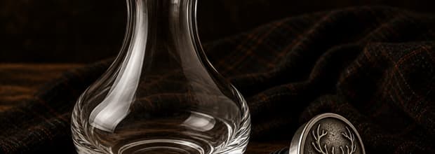 A glass decanter beside the antler piece