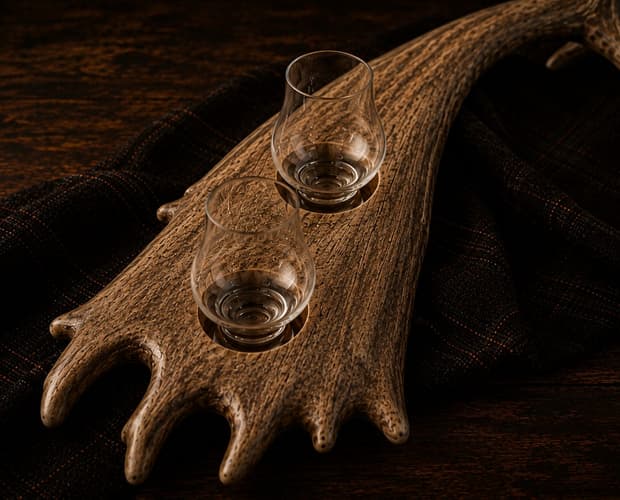 Two Glencairn glasses seated along the antler palm