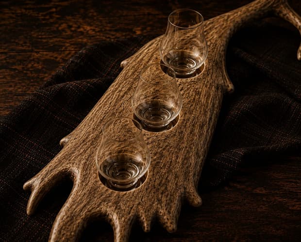Three Glencairn glasses seated along the antler palm
